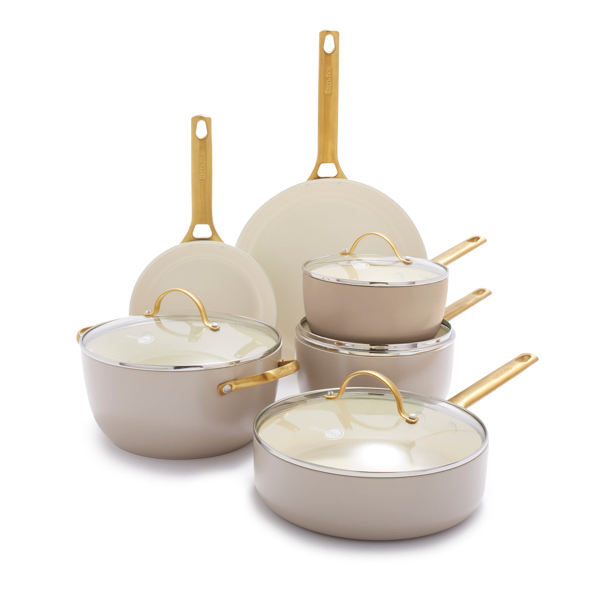 White and Gold Nonstick Frying Pan Set with Lids