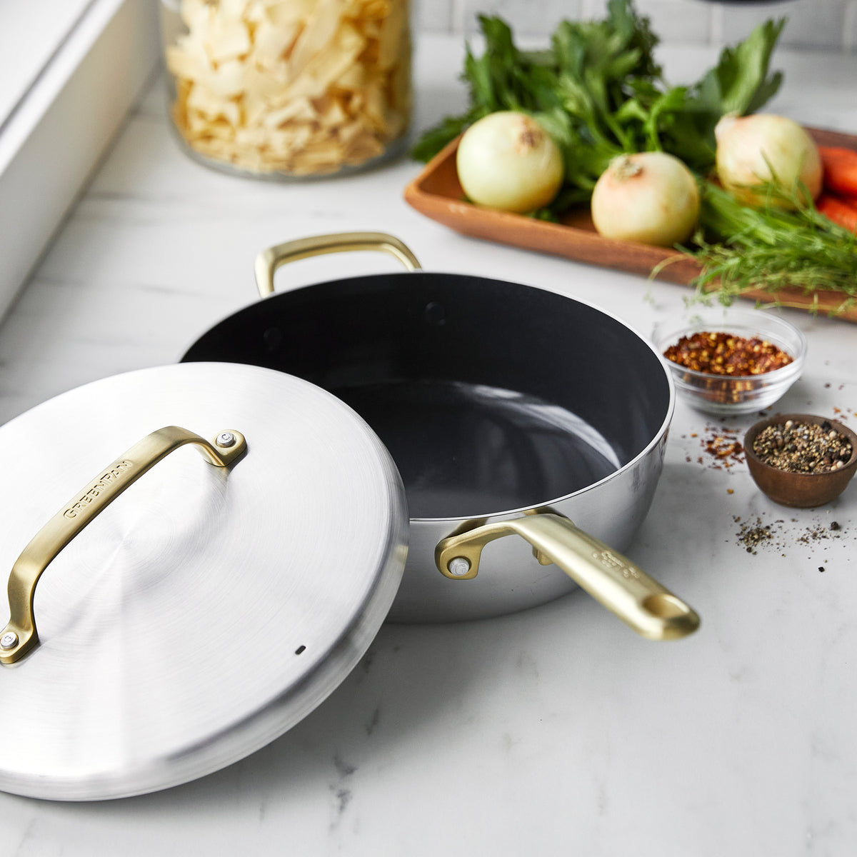 GP5 Stainless Steel 4-Quart Sauté Pan with Lid | Champagne Handles