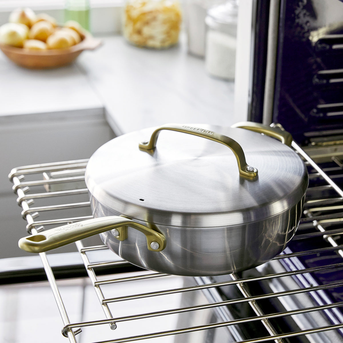 GP5 Stainless Steel 4-Quart Sauté Pan with Lid | Champagne Handles